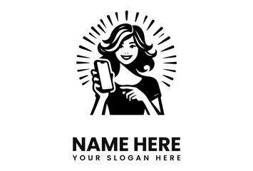 Woman presenting a mobile phone with a radiating background, ideal for a logo or branding.