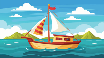 Naklejka premium Cartoon Sailing Boat on Blue Sea with Green Hills and Cloudy Sky
