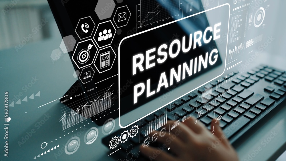 Poster innovative resource planning concept with a modern digital interface and keyboard displaying data an