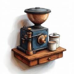 Vintage coffee grinder on wooden shelf
