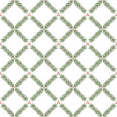 Seamless holiday pattern with green pine branches and red berries on white background