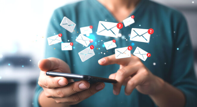 Person holding smartphone with floating email icons indicating notifications and unread messages shown