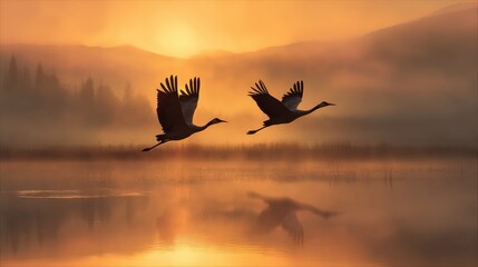 Cranes flying over misty lake at sunrise