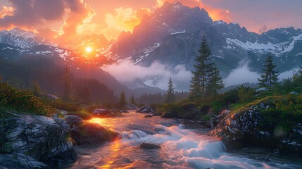 A scenic landscape featuring a river flowing through mountains at golden sunset hour