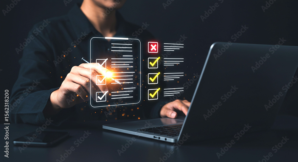 Aufkleber person using laptop with digital checklist and pen hovering over check mark icons displayed