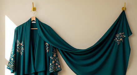 A stylish teal Abaya dress with delicate floral embroidery hangs gracefully, showcasing fashion and elegance in a minimalist setting for retail or design purposes.