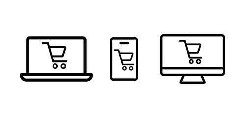 online shopping icon. shopping chat in mobile phone, laptop, computer. web store online click to buy png and vector illustration on transparent background