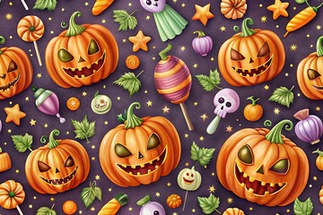 Spooky Halloween Seamless Pattern Pumpkins, Candy & Stars