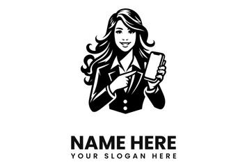 Smiling businesswoman proudly displays smartphone, suggesting mobile technology or app promotion.