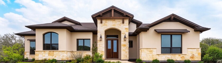 Modern Stone and Stucco Home Facade with Arched Entry, architecture , curb appeal