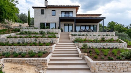 Modern Stone Villa with Terraced Landscape and Steps, Architecture , Landscape Design