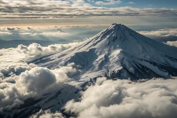 Snowy mountain peak rising above a sea of clouds on a sunny day view