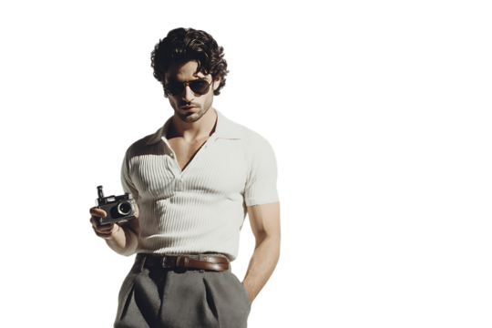 Stylish man with camera, fashion photography