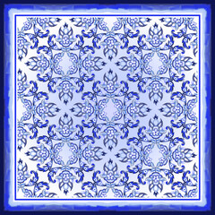 Watercolor blue ink tile pattern scarf design.