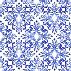 Ceramic tile seamless pattern design. Royal ornament pattern in indigo and parliament blue colors.