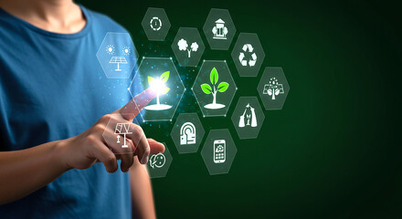 Person interacting with digital interface showing environmental sustainability icons on green background
