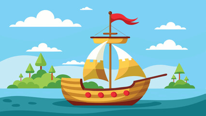 Cartoon Pirate Ship Sailing on Water, with Island and Blue Sky Background