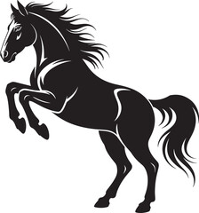 Black And White Silhouette Of Horse Rearing Up Mane Tail Flowing Dynamic Pose Elegant Animal Artwork