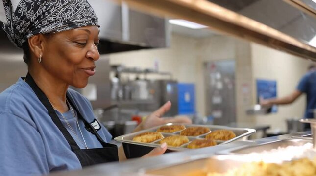 A cafeteria worker serves school lunches from a buffet-style serving tray