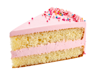 Tasty Vanilla Cake Slice with Pink Frosting and Rainbow Sprinkles, Isolated on Transparent Background