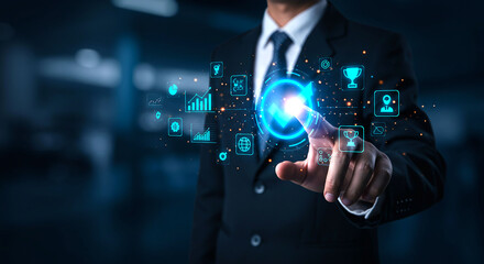 Businessman interacting with digital interface showing success and business analytics icons