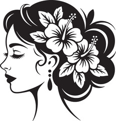 Black And White Silhouette Woman Profile Hibiscus Flowers Hair Updo Elegant Design vector 1