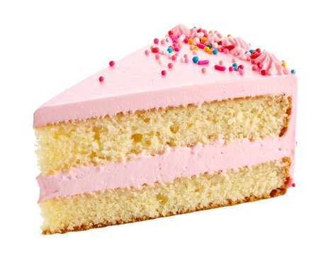 Tasty Vanilla Cake Slice with Pink Frosting and Rainbow Sprinkles, Isolated on Transparent Background