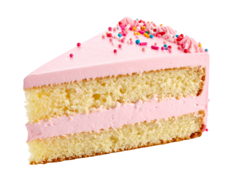 Tasty Vanilla Cake Slice with Pink Frosting and Rainbow Sprinkles, Isolated on Transparent Background - Powered by Adobe
