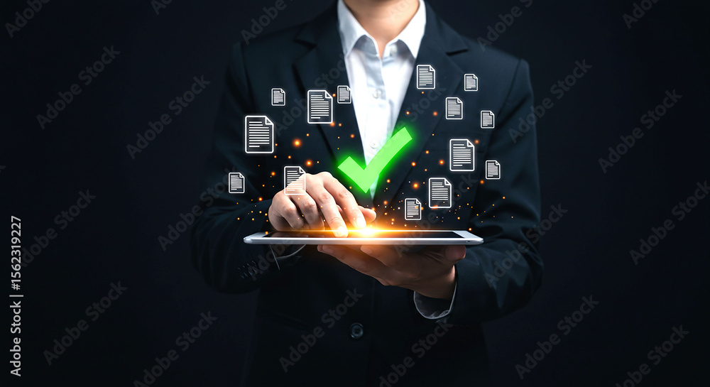Poster person using tablet with checkmark and document icons in dark suit on black background digital appro