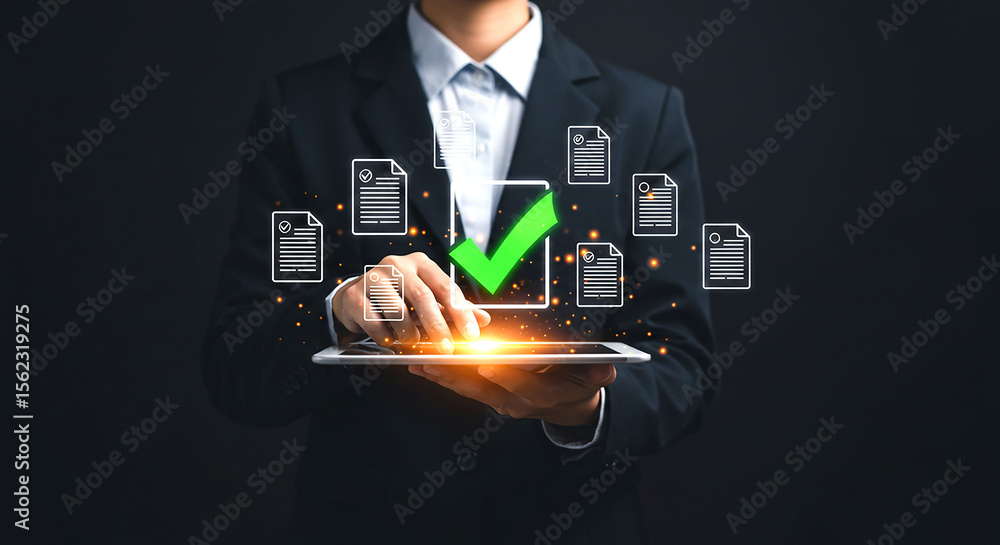 Poster a person in a suit holding a tablet with document icons and a green check mark floating above it