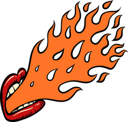 Lips spew fire. Hot offer. Rock and roll style.