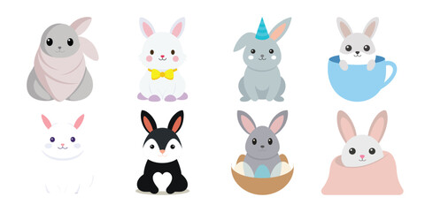 Obraz premium Cute Grey Bunny Clipart Bundle – Pastel Watercolor Style
