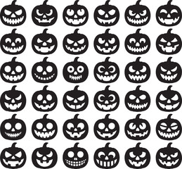 Black And White Stencil Style Halloween Pumpkin Faces Pattern Various Expressions vector