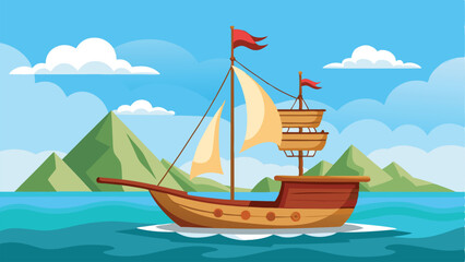 Cartoon Ship Sailing on Water with Mountains, Clouds, and Blue Sky Background