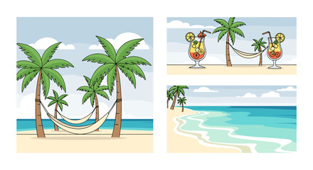 Tropical Beach Scene with Hammocks and Refreshing Drinks