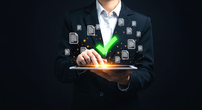 Person using tablet with checkmark and document icons in dark suit on black background digital approval