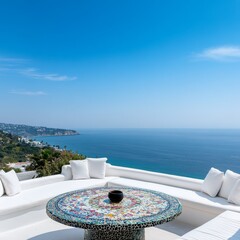 Naklejka premium Ocean View Patio Mosaic Table, White Cushions and Coastal Vista , luxury, terrace