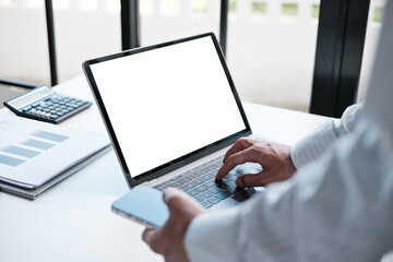 business people working with laptop at office, empty white screen