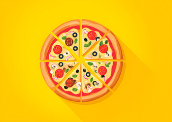 National Pizza Month vector. Pizza on a yellow background. Sliced pizza vector. Pizza different kinds vector. October is National Pizza Month. American Food 