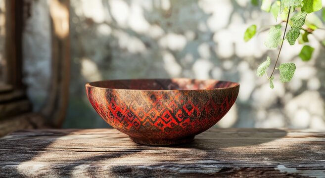 A rustic bowl with red geometric patterns sitting on a weathered wooden surface in natural light