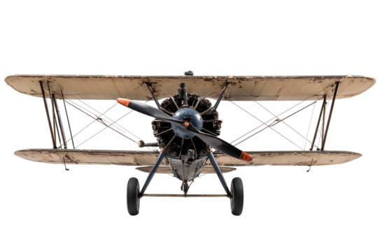 Vintage biplane aircraft, front view, isolated on black background.