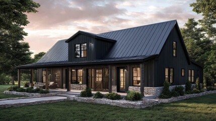 Naklejka premium A barndominium home with black roof and black siding at lakeside