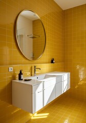 Yellow Tiled Bathroom with Oval Mirror and White Vanity