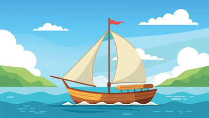 Fototapeta premium Cartoon Sailboat with White Sails Navigating Blue Waters Under a Cloudy Sky Landscape