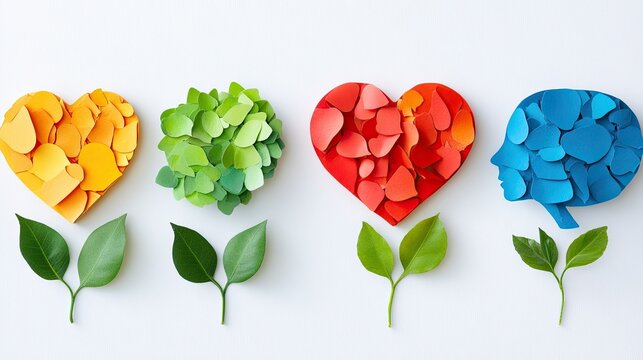 Mental health symbols on a white background, ideal for mental health awareness, self-care, and emotional well-being visuals.