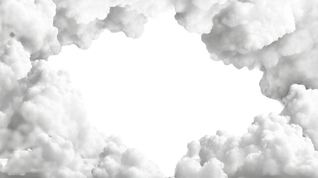 White cumulus clouds forming soft fluffy frame border in sky shape on white background