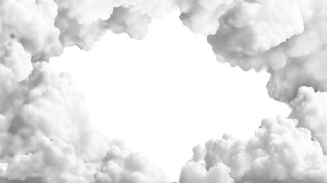 White cumulus clouds forming soft fluffy frame border in sky shape on white background