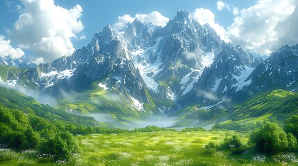 A picturesque view of snow capped mountains and a lush green valley in daytime
