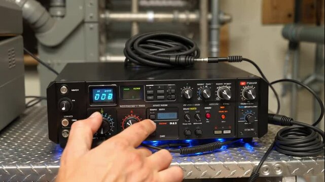 A modern ham radio transceiver with knobs, digital display, and antenna cables coiled beside it on a metal desk with blue LED backlighting

