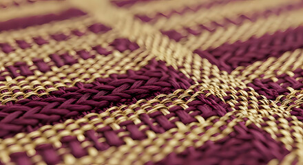 Abstract woven texture featuring an intricate pattern with golden tan and deep burgundy strands creating a captivating, three-dimensional textile background. © Asghar